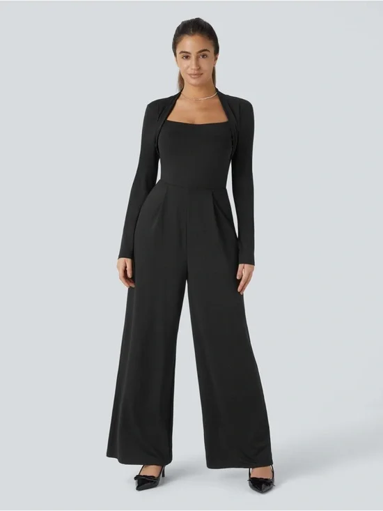Halara Black Long Sleeve Wide Leg Jumpsuit M Built-In Bra NWT - Picture 1 of 6